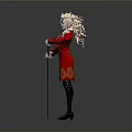 Man with Blonde Hair in Red Military Style Coat Holding Longsword Against Gray Background