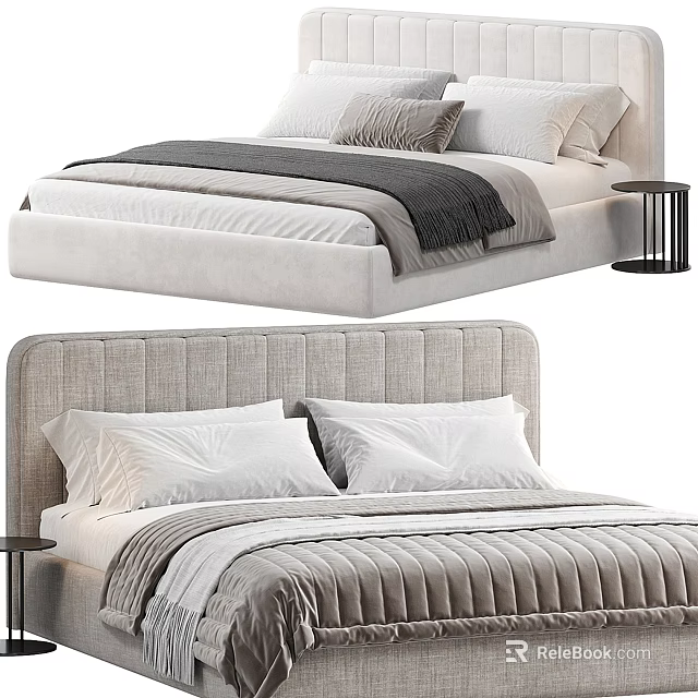 Upholstered Double Bed With Ribbed Headboard White Pillows Gray Blanket And Black Side Table 3d model 