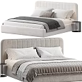 Upholstered Double Bed With Ribbed Headboard White Pillows Gray Blanket And Black Side Table 3d model