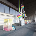 Colorful Hot Air Balloons in Large Indoor Exhibition Space with Booths and Windows