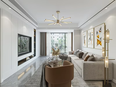 Modern Open Concept Living And Dining Room With TV Wall Sofa Chandelier And Decorative Art 3d model