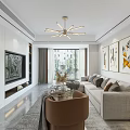 Modern Open Concept Living And Dining Room With TV Wall Sofa Chandelier And Decorative Art