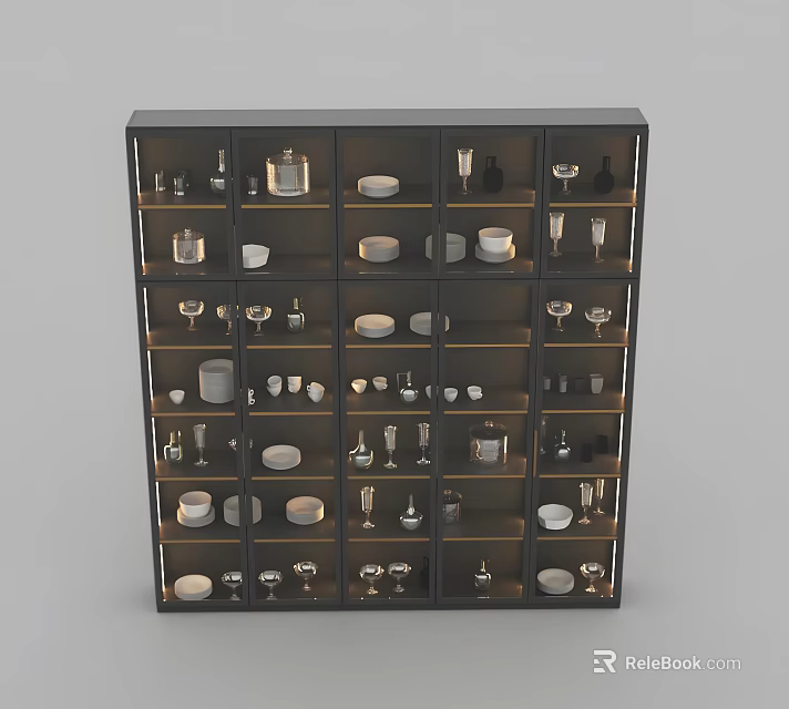 Black Wine Cabinet with Multi-layer Shelves Displaying Wine Glasses Plates Jars Tableware and Barware 3d model 