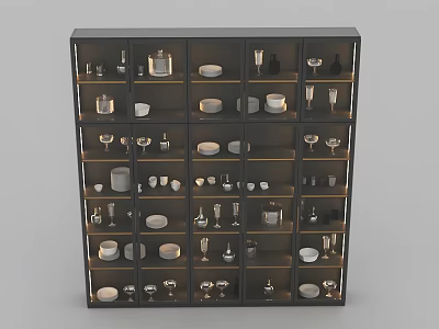 Black Wine Cabinet with Multi-layer Shelves Displaying Wine Glasses Plates Jars Tableware and Barware 3d model