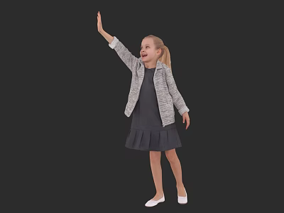 Woman In Gray Coat And Gray Dress With White Shoes Raising Hand On Black Background 3d model