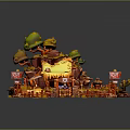 Cartoon Style Island Playground With Yellow Ground Red Fences Mushroom Trees And Water Pond