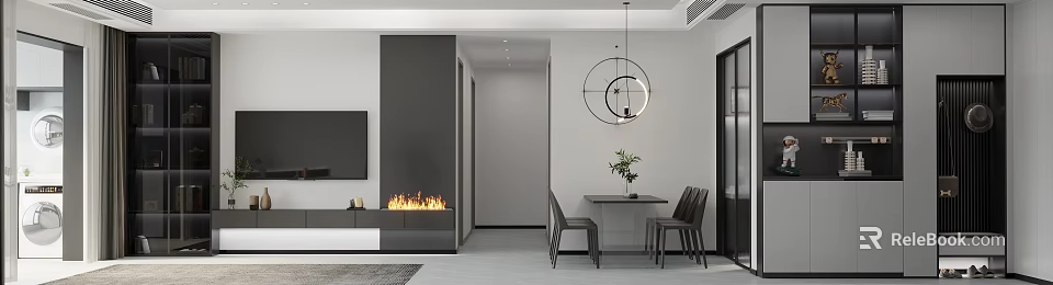 Modern Dining Room Interior With Fireplace Circular Pendant Light And Dining Table Chairs 3d model