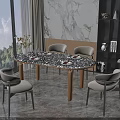 Elegant Dining Table Set With Black White Marble Tabletop And Light Gray Chairs 3d model