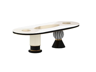 Modern Oval Dining Table with White Tabletop and Fluted Striped Black White Legs 3d model