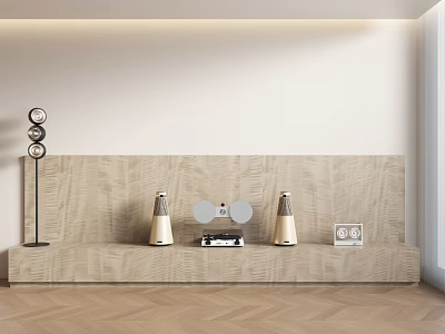 Modern Home Audio Display With Wooden Shelf Speakers Headphones On Stands And Audio Player 3d model