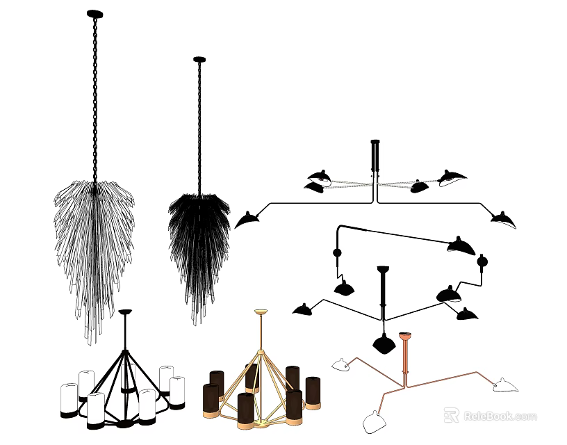Various Modern Chandelier Designs Featuring Feather Multiple Lights And Geometric Shapes 3d model 