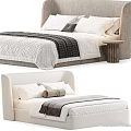 Minimalist Modern Fabric Bed With Upholstered Headboard Plush Pillows And Textured Blanket