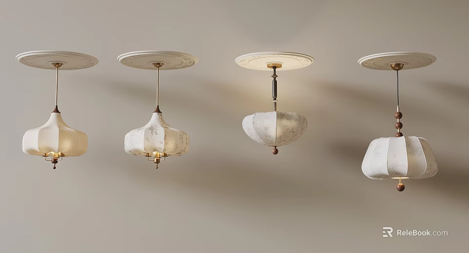 Set of Four White Patterned Ceiling Pendant Lights with One Illuminated Shade 3d model 