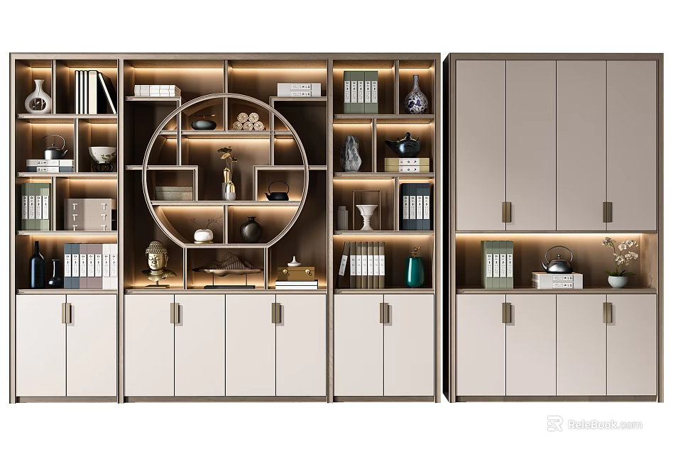Modern Bookcase Storage Design With Multiple Shelves Cabinets Books And Decorative Items 3d model 