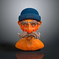 Man Wearing Blue Knit Cap Gray Mustache and Orange Skin 3D Rendered Head