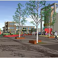 Urban Garden Landscape Design With Roundabout Buildings Green Plants And Pedestrian Areas