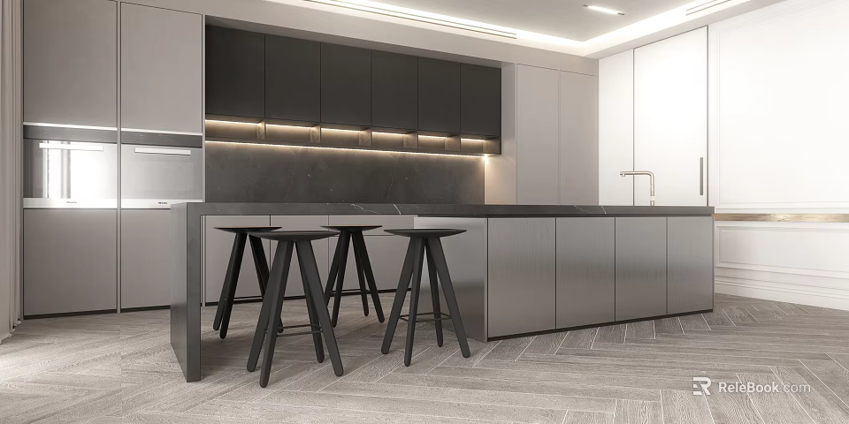 Modern Kitchen Interior Design With Black Cabinets Island Counter And Stools 3d model 