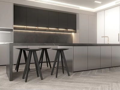Modern Kitchen Interior Design With Black Cabinets Island Counter And Stools 3d model