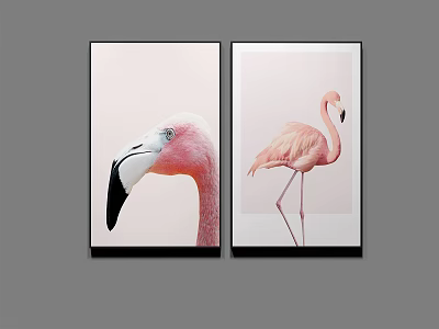 Pink Flamingo Animal Paintings Modern Framed Wall Art with Minimalist Background 3d model