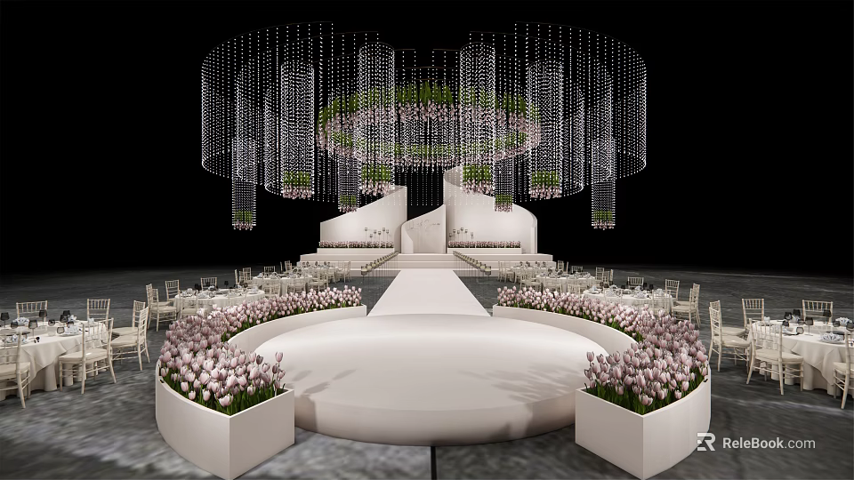Elegant Banquet Hall With Crystal Chandelier Pink Floral Arrangements And White Stage 3d model 