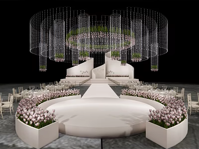 Elegant Banquet Hall With Crystal Chandelier Pink Floral Arrangements And White Stage 3d model