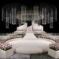 Elegant Banquet Hall With Crystal Chandelier Pink Floral Arrangements And White Stage