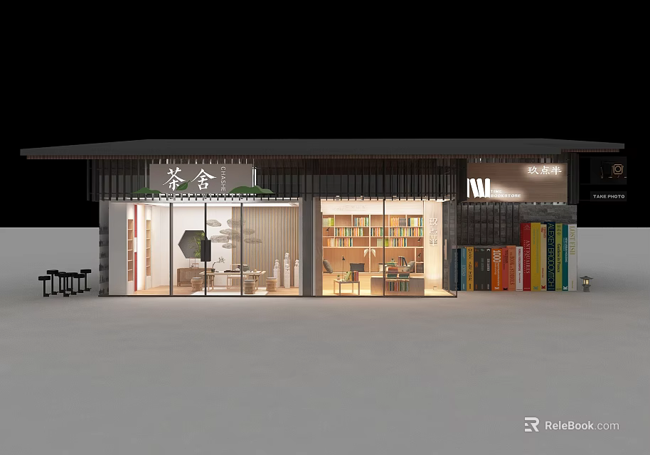 Traditional Tea House Exterior Storefront With Glass Windows And Interior Shelves 3d model 