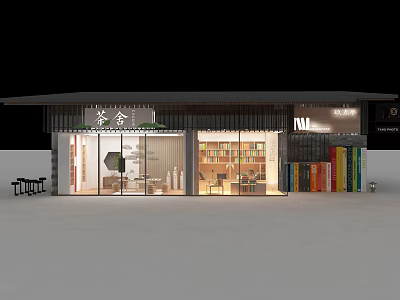 Traditional Tea House Exterior Storefront With Glass Windows And Interior Shelves 3d model