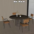 Round Dark Wood Dining Table Set With Four Brown Leather Chairs And Black Metal Frame