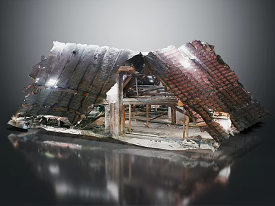Damaged Building Structure With Collapsed Roof Tiles And Wooden Beams 3d model