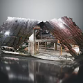Damaged Building Structure With Collapsed Roof Tiles And Wooden Beams
