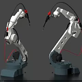 White Industrial Robotic Arms With Red Cables And Gray Bases For Industrial Equipment Use