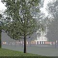 Modern Industrial Factory Building Featuring Glass Curtain Wall Geometric Structure Night Lighting Lawn And Pedestrians