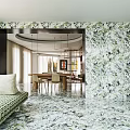 Modern Elegant Living And Dining Interior With Unique Circular Ceiling Light And Panoramic Outdoor Views