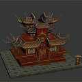 Cartoon Style Traditional Chinese Architecture Scene With Red Gold Multi tiered Roofs And Small Pavilion