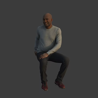 Man Sitting In Gray Long Sleeve Sweater Black Pants And Red Shoes Against Gray Background 3d model