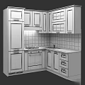 Modern Kitchen With White Cabinets Black Countertop And Patterned Tiled Backsplash 3d model