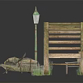 Miniature Wooden Arch Scene With Bench Street Lamp Small Boat And Plants