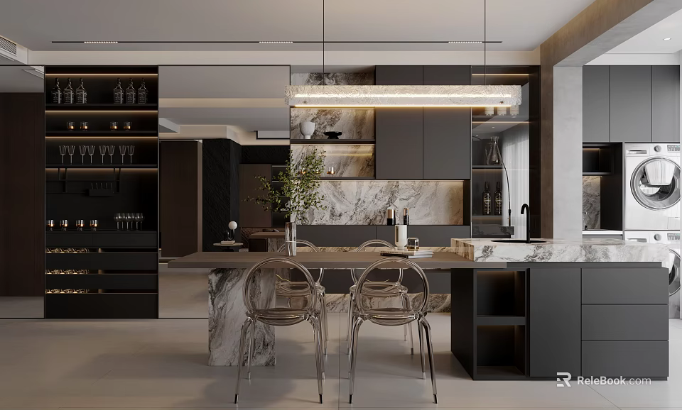 Elegant Modern Dining Living Room Interior With Marble Counter Dining Table And Pendant Lights 3d model 