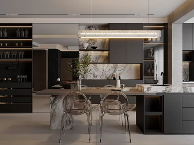 Elegant Modern Dining Living Room Interior With Marble Counter Dining Table And Pendant Lights 3d model