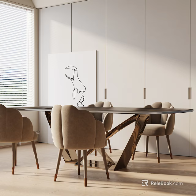 Modern Dining Table Set With Beige Chairs White Walls Window Blinds And Artwork 3d model
