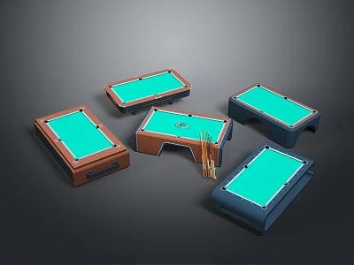 Various Colored Billiard Tables With Green Felt Surfaces Wooden Frames And Cues 3d model