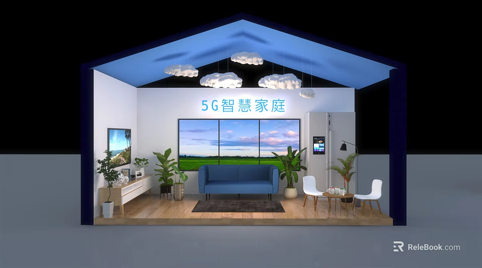 5G Smart Home Exhibition Booth With Blue Sofa TV Plants And Scenic Window View 3d model 