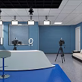 School Classroom Interior With White Round Tables Green Chairs Blackboard Display Screen Windows And Curtains