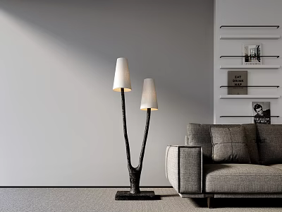 Modern Double Head Floor Lamp With Black Stand In Grey Living Room Setting 3d model