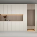Modern Decorative Cabinet With White Wood Panels Built-in Lighting And Decorations