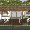 Traditional Thatched Roof Homestay Building with Wooden Veranda Purple Flowers Green Plants and Leisure Area
