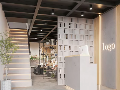 Modern Café Interior Design With Staircase Shelf Wall Reception Desk And Green Plants 3d model