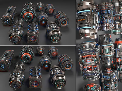 Industrial Equipment With Multiple Metal Mechanical Units Geared Design And Red Blue Accents 3d model