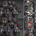Industrial Equipment With Multiple Metal Mechanical Units Geared Design And Red Blue Accents